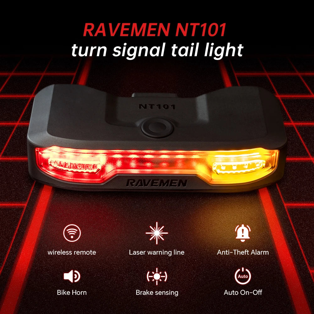 RAVEMEN Bike Turn Signals. Rear Light Bicycle. Wireless Taillight Horn .NT101 Anti-Theft Vibration Alarm. Auto On-Off Brake Sensor.