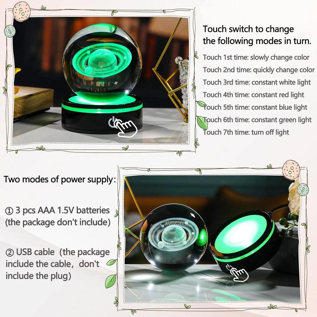 3D Saturn Crystal Ball Night Light with LED Colorful Lighting Touch Base 6cm Saturn Planet Glass Sphere Lamp Astronomy Space
