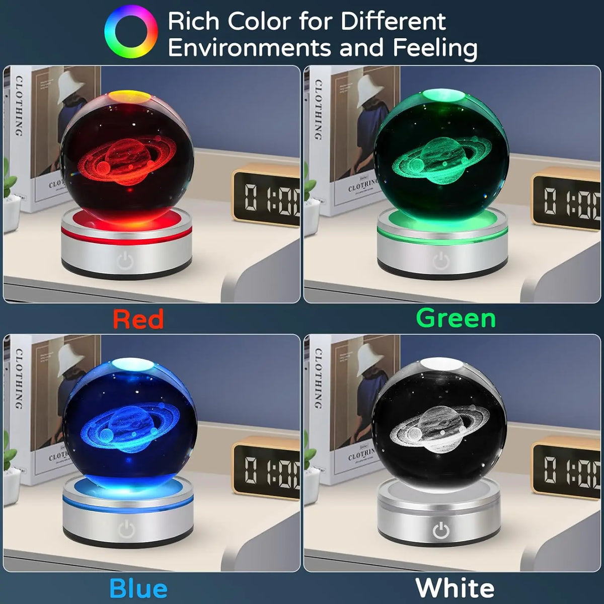 3D Saturn Crystal Ball Night Light with LED Colorful Lighting Touch Base 6cm Saturn Planet Glass Sphere Lamp Astronomy Space