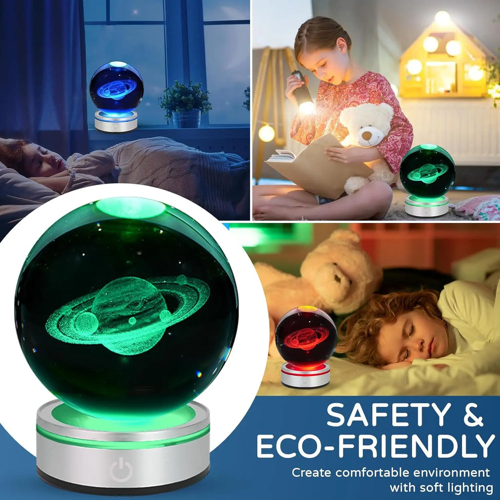 3D Saturn Crystal Ball Night Light with LED Colorful Lighting Touch Base 6cm Saturn Planet Glass Sphere Lamp Astronomy Space